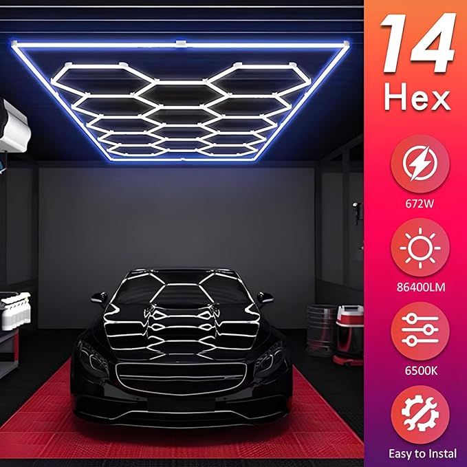 Hexagon Garage Lights with Multi-Coloured Rectangle Frame, High Bright 6500K 14 Grid Hexagon LED Ceiling Light Colourful Hexagonal Garage Light For Car Decoration, Workstation and Workshop Lighting