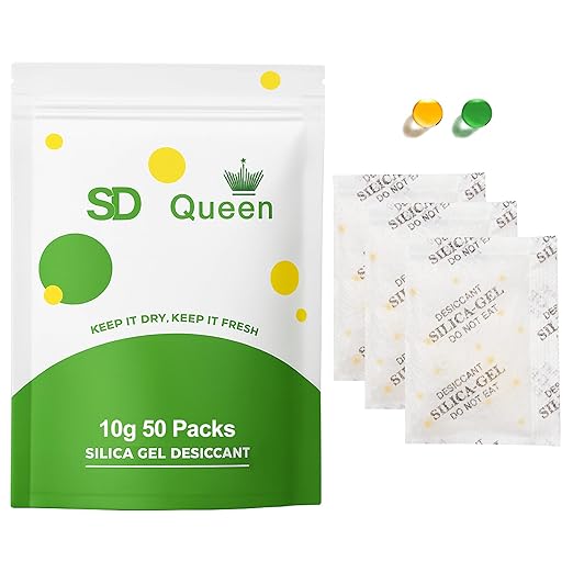 50-Pack 10g Silica Gel Desiccant Packs – Premium Rechargeable Moisture Absorbers with Color Indicator for Tool Boxes, Ammo Cans, Camera Gear & Clothing Storage
