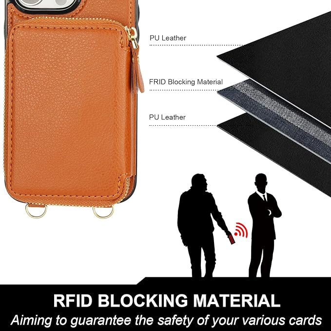 Bocasal for MagSafe Crossbody Wallet Case Compatible with iPhone 15 Pro Max, RFID Blocking Protective Purse Case with Card Slots Holder Kickstand Wrist Strap Lanyard Zipper 6.7 Inch 5G (Brown)