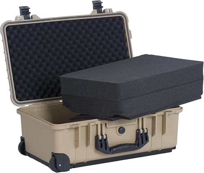 MEIJIA All Weather Rolling Waterproof Protective Case, Hard Camera Case,Dry Case with Retractable Pull Handle and Wheels,Foam Inserted, 22 x13.81x9inches (Desert Tan)