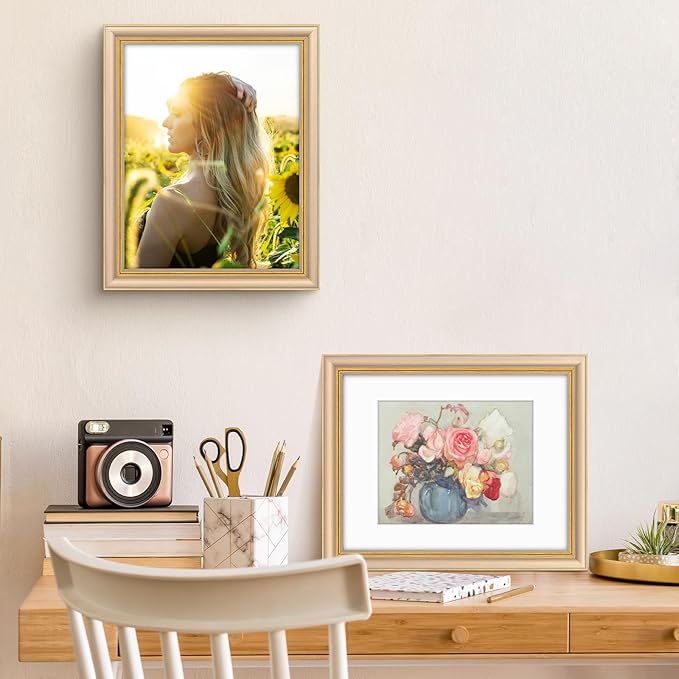 Golden State Art,11x14 Ornate Picture Frame for 8x10 Photo with Mat or 11 x 14 Prints Without Mat, Real Glass Wall Display Horizontally or Vertically (Color:Champagne Gold)