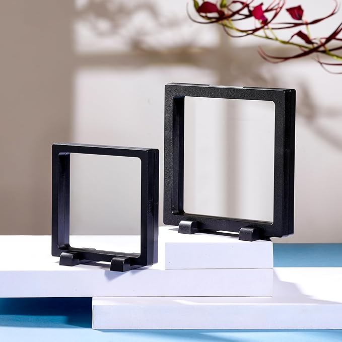 3PCS 3D Transparent Floating Frame with Stand, CAIYA Challenge Coin Display Holder, Floating Display Case for Jewelry, Medals, Specimens, Small Items, Fossils Rocks,4.3x4.3 inches