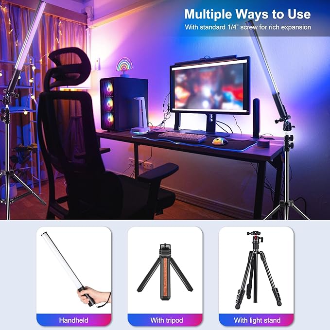 PULUZ RGB LED Video Light Stick, Photography Lighting Wand with 132 LEDs Lights, Dimmable 2500K~9000K CRI95+ Full Color LED Light with 2600mAh Battery, 20 Light Scenes
