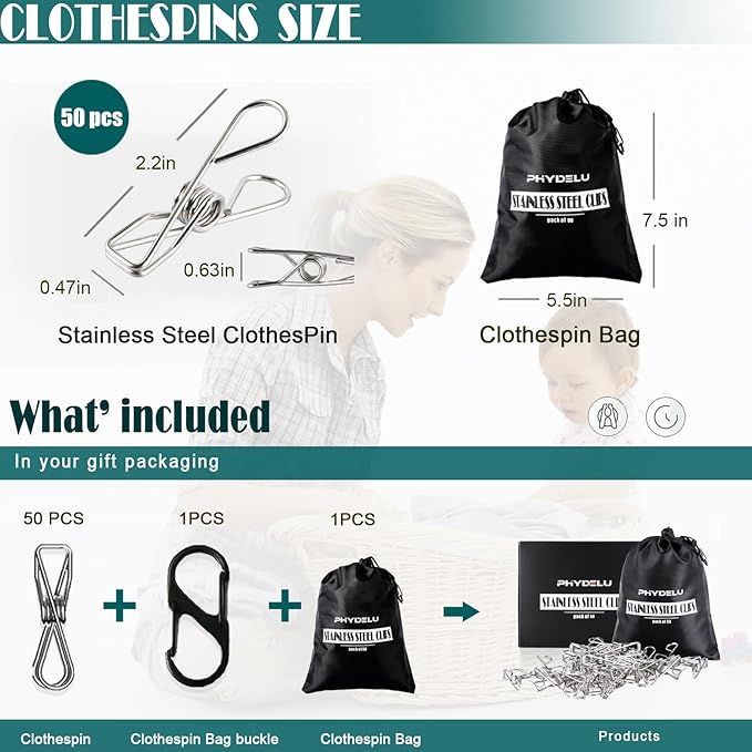 (50PCS) Stainless Steel Laundry Clothes Pins Heavy Duty Outdoor, Clothespins for Hanging Clothes, Metal Clips, Metal Snack Bag Chip Clips for Food Packages, Mini Clothes pins