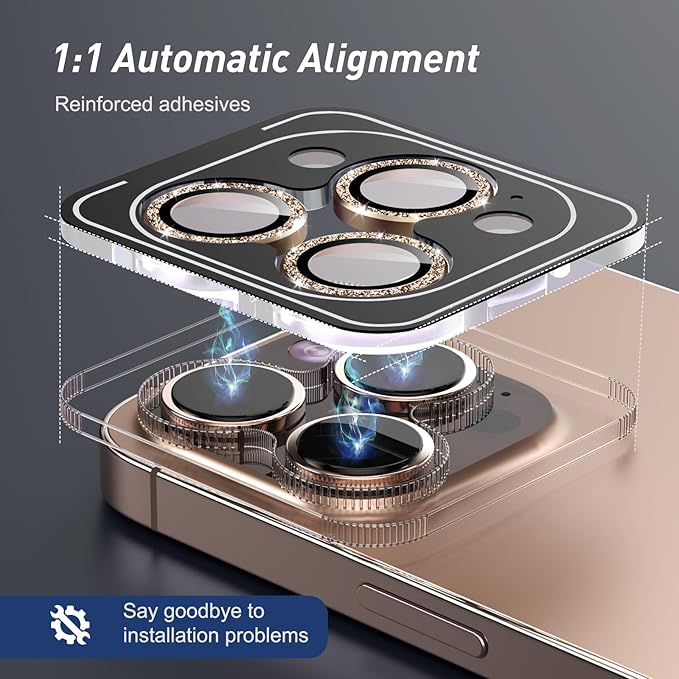 Jeluse Camera Lens Protector for iPhone 17 Pro Max/17 Pro/16 Pro Max/16 Pro/15 Pro Max/15 Pro/14 Pro Max/14 Pro, 9H Tempered Glass Screen Protector Cover Alignment Kit Metal Individual Ring