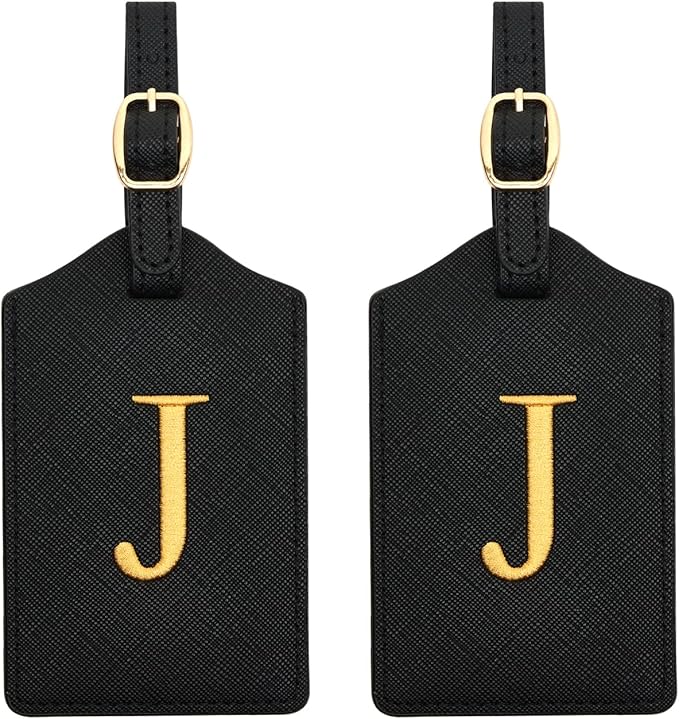 2 Pcs Initial Monogrammed PU Leather Embroidered Luggage Tags for Suitcases, Travel & Baggage Bags (J)