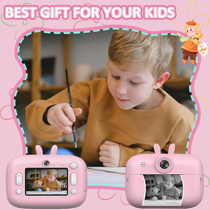 Instant Print Camera for Kids, Toddler Cameras Christmas Birthday Gifts for Boys Age 3-12, 1080P HD Digital Video Cameras for Toddler,Kids Portable Toy with 3 Rolls Photo Paper 32GB SD Card (Pink)