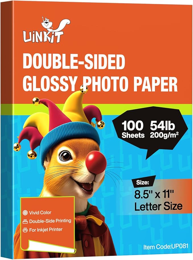 Uinkit 200Gsm 100Sheeets Double Sided Photo Paper Glossy 8.5x11 54lbs Inkjet for Dye Ink Value Bulk Pack Picture 8.5 x 11 9.5Mil for Inkjet Printing Printer