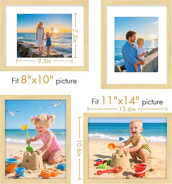 Vittanly 11x14 Picture Frame, Made of Solid Wood and Shatterproof Plexiglass, Display Pictures 8x10 with Mat or 8x10 without Mat, Wooden Photo Frame for Wall Mounting or Tabletop, Natural, 1 Pack