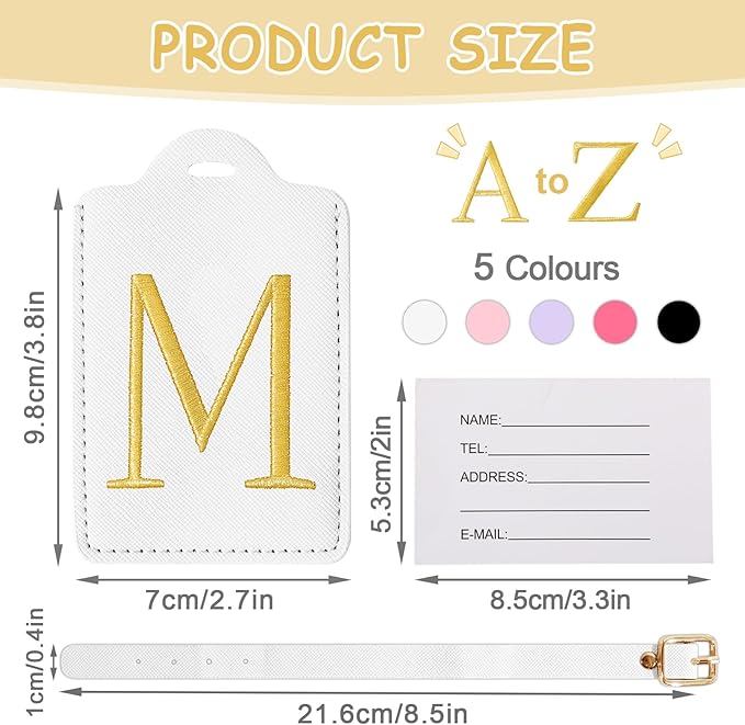 Personalized Initial Luggage Tags for Suitcases, Cute PU Leather Embroidered Letter Travel Luggage Tags, Suitcase Identifier Name Baggage Tag, Bag Tags for Men Women Kids Luggage Handbags(White M)