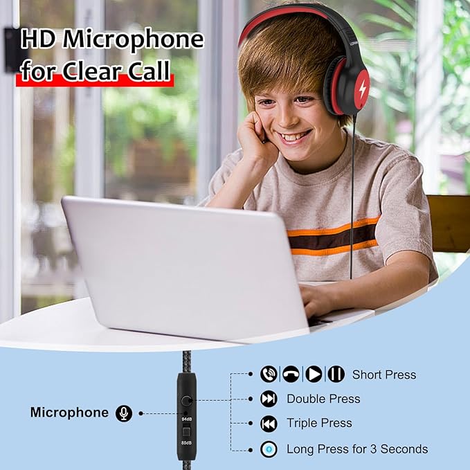 Kids Headphones Wired with Microphone, USB Type C Headphones for Kids Girls Boys with Cord/LED Lights/85/94dB Volume Limit, Portable Over Ear Headphones for School/Travel/Tablet/iPad