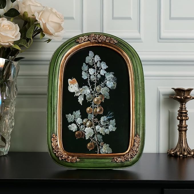Cuspin 8x10 Vintage Picture Frame, Ornate Green and Gold Frames, Hand-Crafted Flower Textured Resin Frame with Glass Front for Wall Hanging and Tabletop Display Home Decor