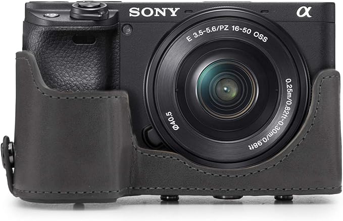MegaGear Ever Ready Leather Camera Case Compatible with Sony Alpha A6100, A6400 (18-135mm), Grey (MG1663)