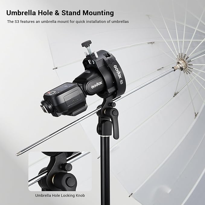 Godox S3 Speedlite Bracket, Compact Lightweight Bowens Mount for Godox V1/V1Pro, AD200/AD300, V860II/III, 20% Smaller Than S2, ±90° Angle Adjustment & Umbrella Hole, 0.45kg