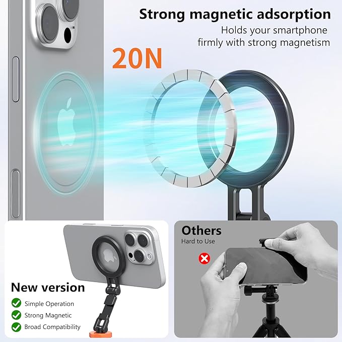 VRIG MG-28 Metal Phone Tripod Mount for magsafe, Magnetic Camera Mount for iPhone 17 16 15 14 13 12, 360° Rotation Adjustable Cold Shoe Phone Mount for Cameras, Tripods