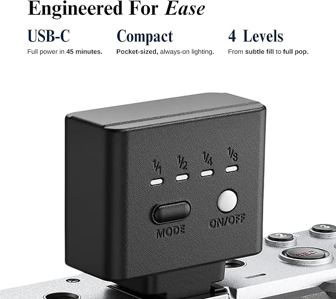 Retropia Retro Flash Pro | Compact Universal Flash Mount for The Iconic Vintage Disposable-Camera Pop | 4 Power Levels, USB-C Rechargeable, Pocket-Sized, 375 Flashes per Charge, 3-Second Recycle Time