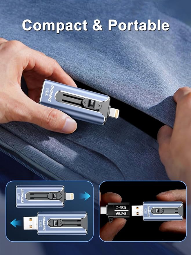 AUAMOZ 256GB Flash Drive Intended for iPhone, Memory Stick Storage Files Photos Videos Backup, Compatible with iPhone iPad Android PC, Plug and Play, No Application Required (Blue)