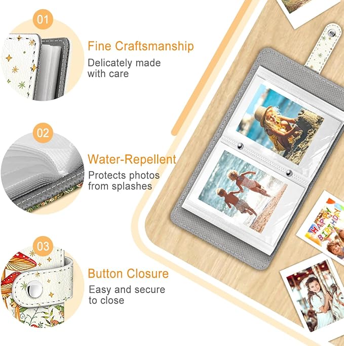 Lebrocoli Mushroom Garden Small Photos Album for 2x3 Inch Films, 56 Pockets Mini Cute Albums Book for Polaroid Fujifilm Instax Mini Instant Camera Printer, Kpop Photocard Pictures Binders Holders