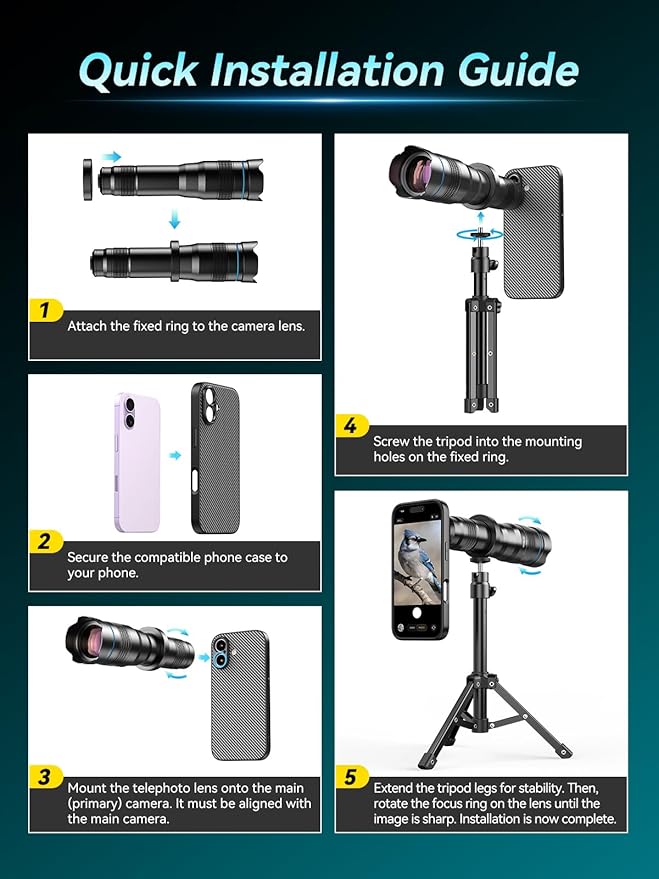 APEXEL 36x Telephoto Lens Compatible with iPhone 17 | Photography for Travel, Birdwatching, Exploration | Kit with Sturdy Metal Tripod and Threaded Phone Case