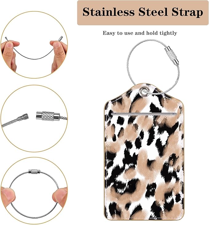 (Set of 2) Luggage Tag Leather Privacy Cover ID Label Address Card with Stainless Steel Loop, Travel Bag Tags Suitcase Labels, Leopard