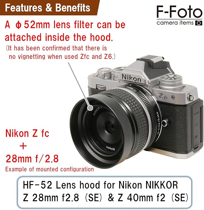 F-Foto HF-52U 52mm Metal Screw-in Lens Hood — Anodized Aluminum, Threaded Inner Ring for 52mm Filters — Durable Protective Hood for Nikon Z 28mm/40mm & 52mm Lenses — Inspected in Japan,HF-52U
