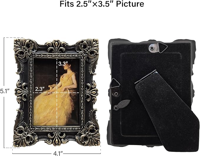 CISOO 2.5x3.5 Vintage Small Picture Frame, Antique Ornate Black and Gold Wallet Size Photo Frame for Table Top and Wall Display, Decorative Floral Design Retro Home Decor, Photo Gallery Art