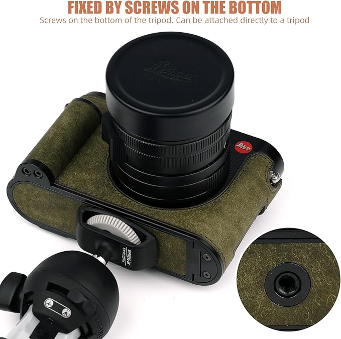 Uchandmade Handmade Genuine Leather Camera Half Case for Q3/For Q3 Camera Case/For Q3 Case - Top Layer Cowhide Body + Metal Base Plate + Hand Shank Design (Dark Green)