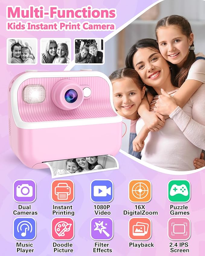 Kids Camera Instant Print, Christmas Birthday Gifts for Kids 3-12, 1080P Instant Print Camera for Kid, Toddler Camera Toy for 4 5 6 7 8 9 10 Year Old Girls Boys with 3 Rolls Paper and 32GB Card-Pink