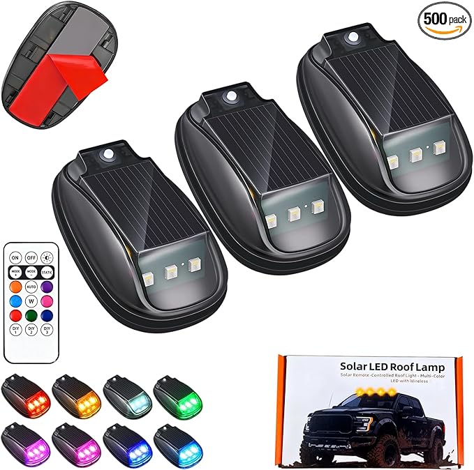2026 New Solar Car Roof RGB Strobe Light with Remote Control, Waterproof Interior Car Lights 8 Colors Wireless LED Strobe Lights for Trucks, Motorcycle, Vehicle, Night Driving (3pcs)