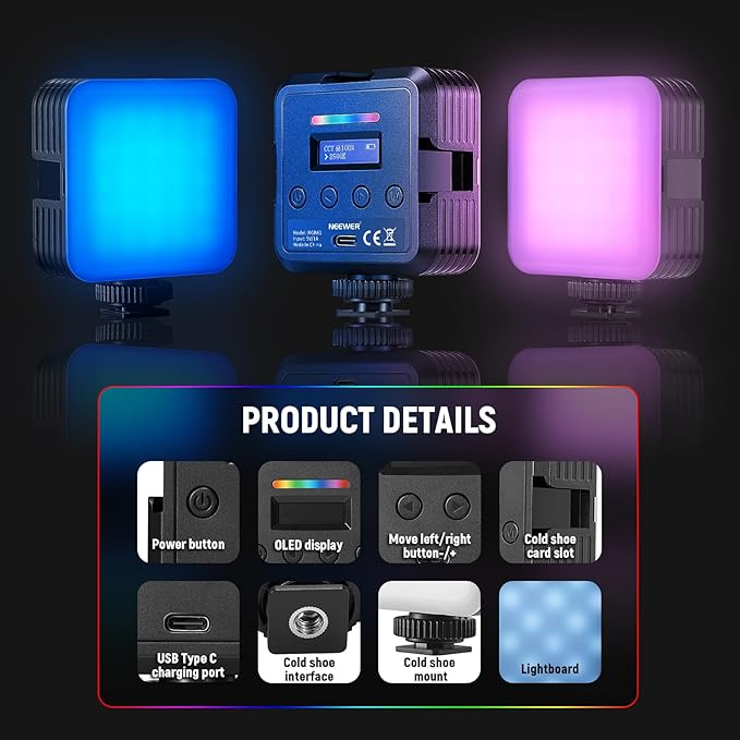 NEEWER Magnetic RGB Video Light, 2 Pack 360° Full Color RGB61 LED Camera Light with 3 Cold Shoe Mounts/CRI 97+/20 Scene Modes/2500K-8500K/2000mAh Rechargeable Portable Photography Selfie Lighting