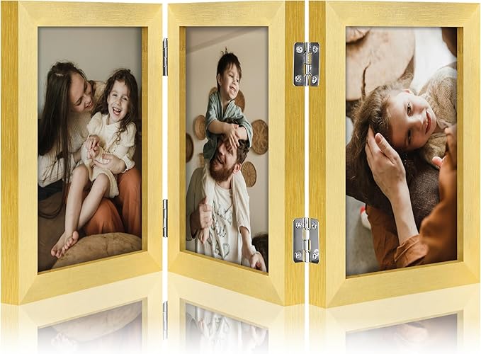 decorUhome Triple 4x6 Picture Frame Vertical, Engineered Wood Trifold Photo Frame with Plexiglass for Tabletop Display, 4x6, Gold