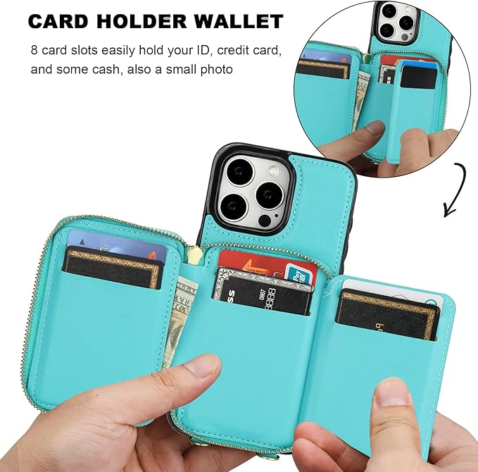 Bocasal RFID Blocking Wallet Case for iPhone 15 Pro Max, Adjustable Crossbody Zipper Purse Card Holder with Kickstand and Detachable Wrist Strap, PU Leather Flip Folio Case 6.7 Inch 5G (Mint Green)