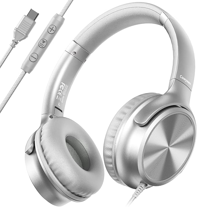 USB C Headphones Wired, Over Ear USB C Wired Headphones with Microphone, Volume Control, HD Stereo Sound, Foldable USB Type C Headphone for Adult/Teens/Laptop/Computer/iPhone 15/16/17, Sliver
