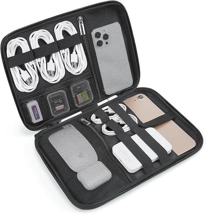 BAGSMART Electronics Travel Organizer Case for 10.2 Inch Tablets, Tech Pouch Essentials for Power Bank, SD Cards, Cord and Cable Storage Bag, Black