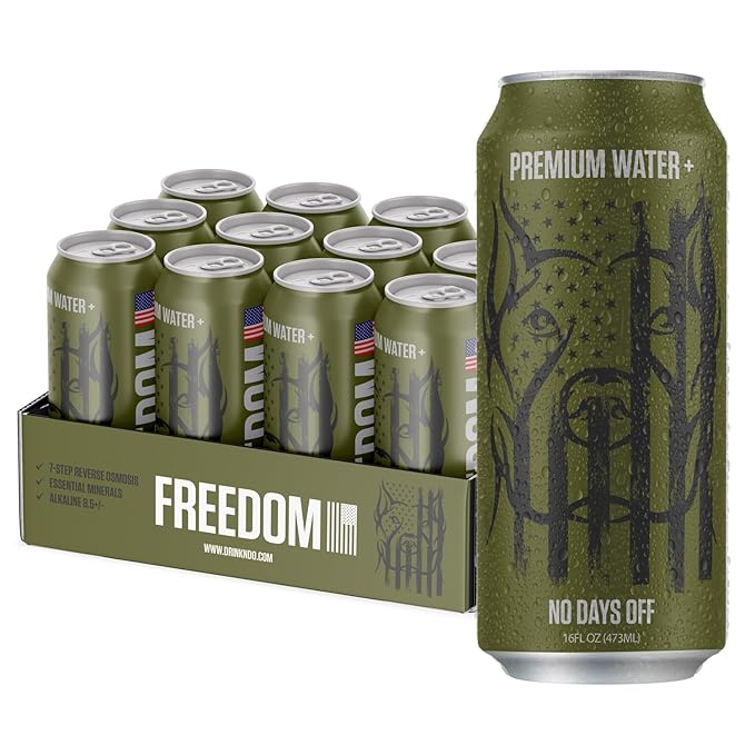 NO DAYS OFF Premium Water+ Limited FREEDOM Edition - 12 Pack, 16 fl oz Can - 8.5+ pH Alkaline Water, Ultra-Purified Reverse Osmosis, American Sourced-Filled-Packaged, Boldly Enhanced with Potassium, Served in BPA-free Cans