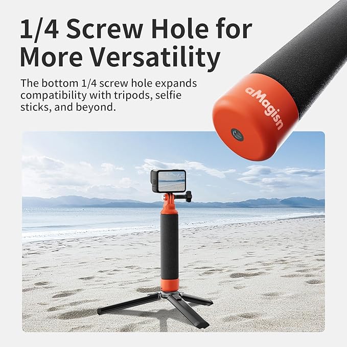 Floating Hand Grip for Insta360/DJI/GoPro Action Cameras with Adjustable Wrist Strap, 3-Claw & 1/4" Screw Mounts, Bright Orange Float