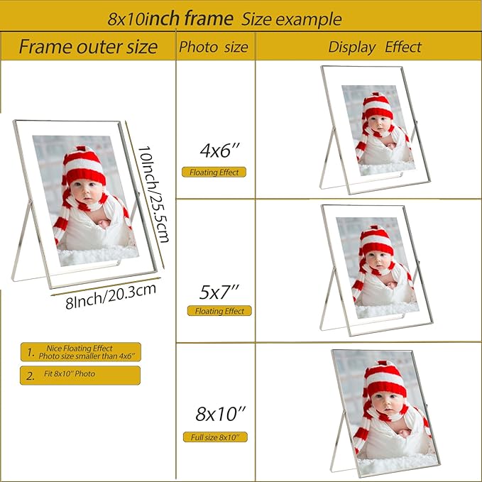 Silver 8x10'' Floating Frame Set of 2, For Photo Sizes ( 4x6'' 5x7'',6x8'' upto 8x10''), Metal Lace Edge Frames for Tabletop/Shelf Photo Frame, Classy Gift Choice for Wedding, Thanksgiving,