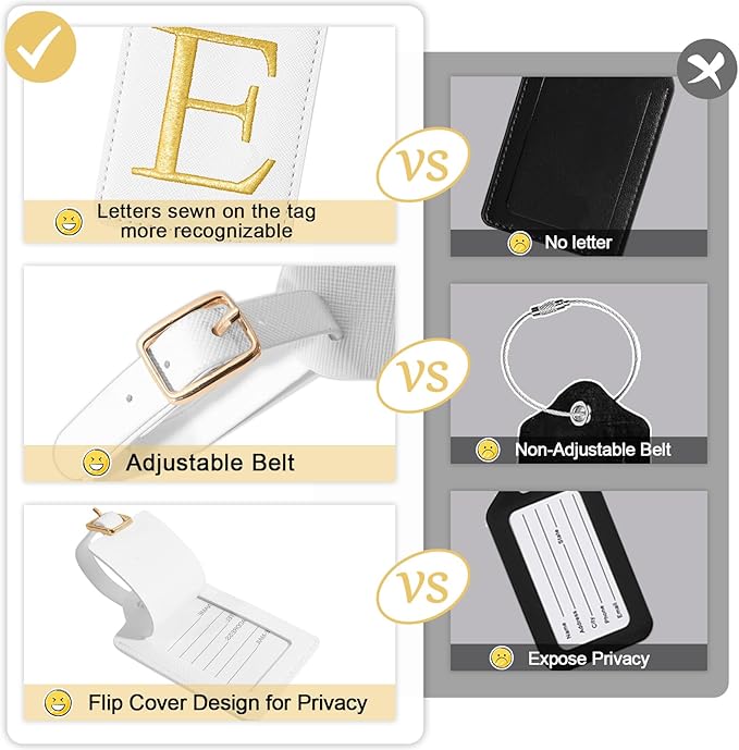 Initial Luggage Tags for Suitcases, Cute Embroidered Letter Luggage Bag Suitcase Identifier Name Baggage Tag, PU Leather Travel Luggage Tags, Bag Tags for Men Women Kids Luggage Handbags(White E)