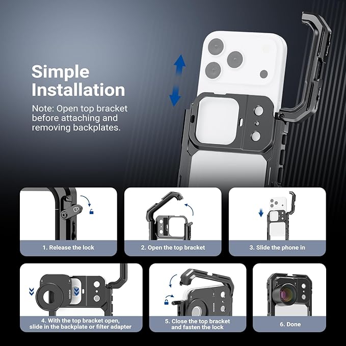 NEEWER PA144 Phone Cage Compatible with iPhone 17 Pro Max + PA152 37mm Filter Lens Backplate for PA143/PA144 Phone Cage Only, Quick Release Video Rig Stabilizer Accessories, Black
