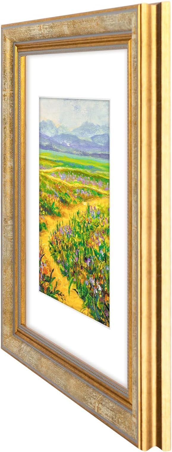 Golden State Art,11x14 Ornate Picture Frame for 8x10 Photo with Mat or 11 x 14 Prints Without Mat, Real Glass Wall Display Horizontally or Vertically (Color:Vintage Gold)