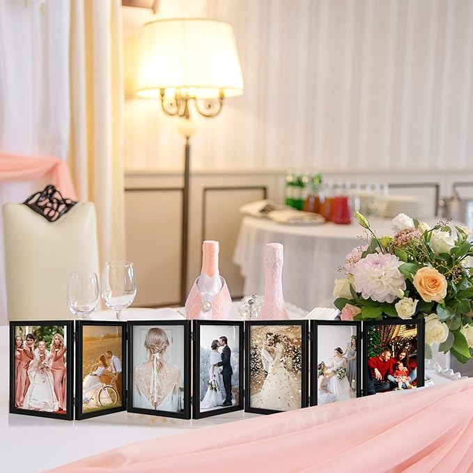 Sintuff 7 Pictures 5 x 7 Frame Folding Hinged Picture Frames Foldable Photo Frames High Definition Natural Wood Collage Picture Rustic Desktop Acrylic Frame for Family Wall Decor Black