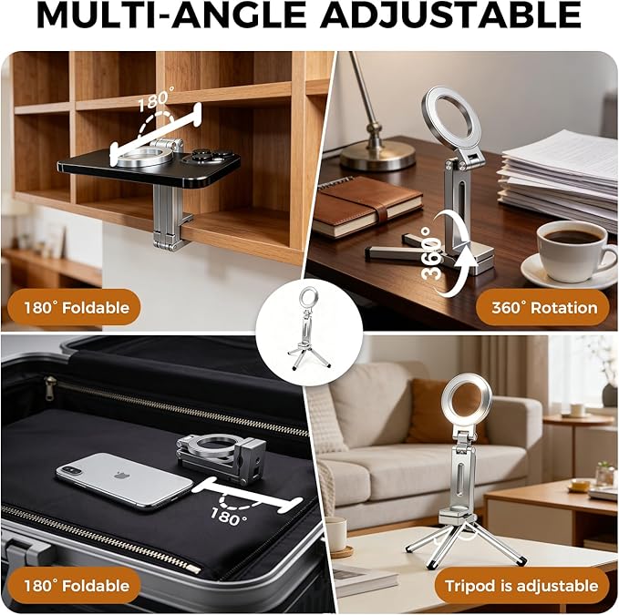 Magnetic Phone Tripod Stand, 360° Rotating Foldable Aluminum Mount for All Phones, Strong Magnetic Grip, Telescopic Adjustable Design for Desk, Travel, Photography, Live Streaming, and Video Calls