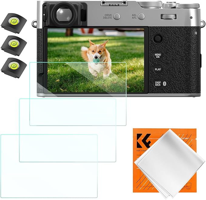 K&F CONCEPT 3 Pack Camera Screen Protector Compatible with Fujifilm X100VI X-E4 X100V, 0.3mm 9H Hardness Tempered Glass Cover Anti-Scratch Bubble-Free & Hot Shoe Cover