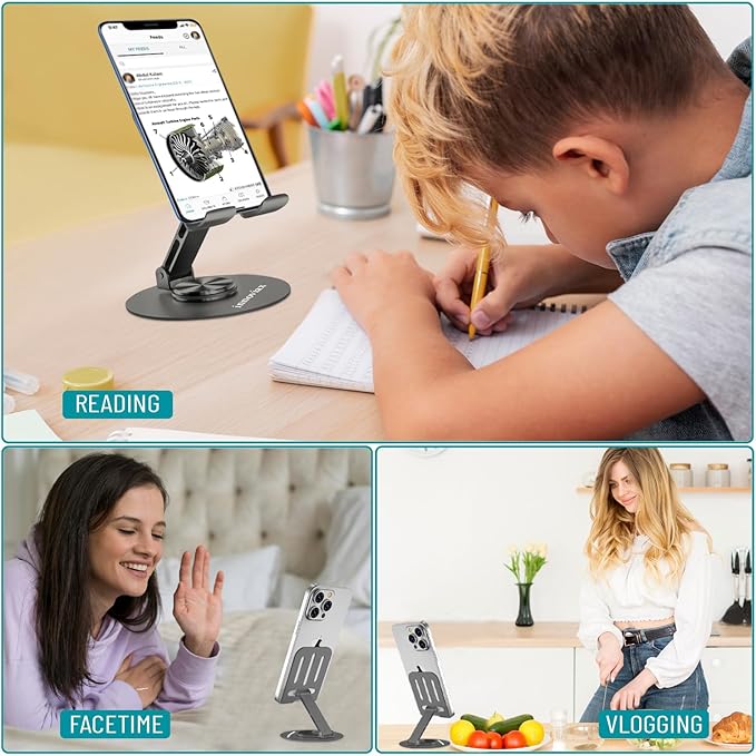 Cell Phone Holder Stand 1 Piece, Adjustable and Foldable Cell Phone Stand Holder for Desk, 360 Rotation Smartphone Holder with Non Slip Pads, Compatible with iPhone, Android Smartphones, Tablets (1)