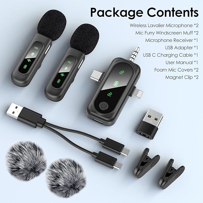 3 in 1 Wireless Lavalier Microphones for iPhone/Android/Camera Devices，2 Pack Magnetic Lavalier Mic ,Mini Microphone with Mute/Reverb/Noise Reduction for YouTube/Vlog/TikTok Podcast Content Creator