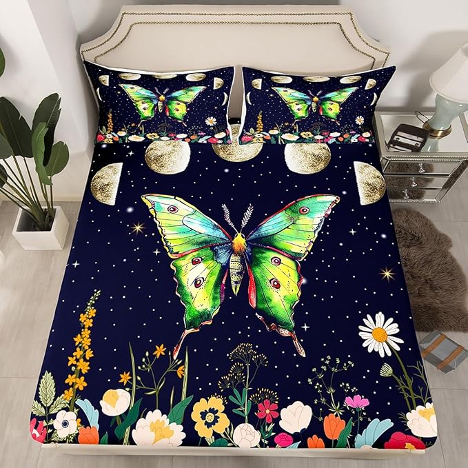 Erosebridal Death Moth Flat Sheet,Twin for Women Men Boys Gothic Decor Sheet Sets,Kids Girls Moth Skull Fitted Sheet Spring Summer Floral Botancial Moon Print Bedding,Exotic Animal Moths Bed Sheet