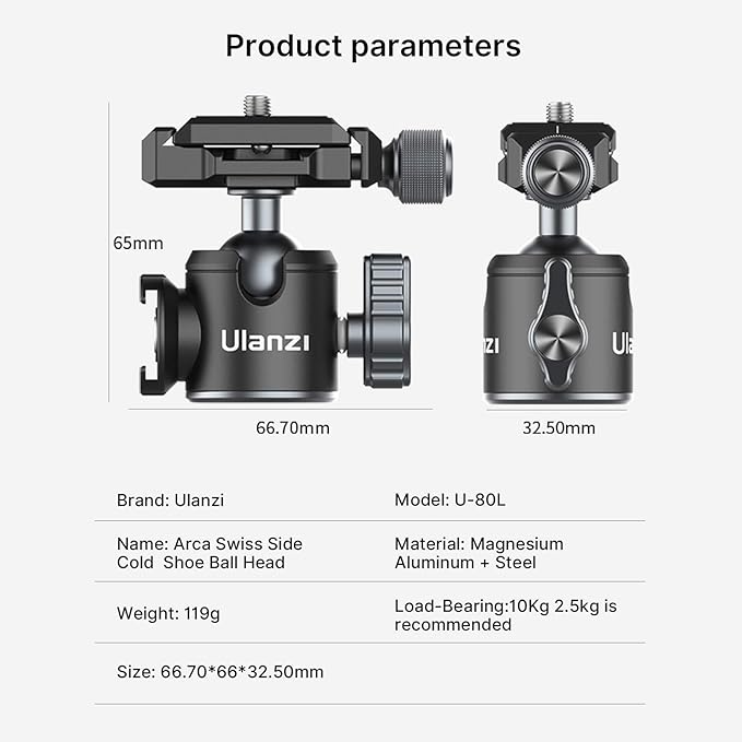 ULANZI U-80L Metal Ball Head Camera Mount Arca Swiss 360 Rotating with Quick Release Plate & Cold Shoe, 22lbs/10kg Load for 1/4" Tripod, Monopod, DSLR