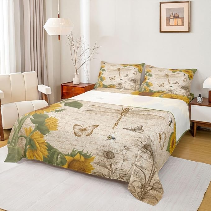 Dragonfly Queen Sheet Set Botanical Floral Fitted Sheet Sunflower Bedding Sets for Boys Girls Vintage Style Bed Sheet Wild Animals Dragonfly Flat Sheet Field Floral Fresh Natural Pastoral Bedding