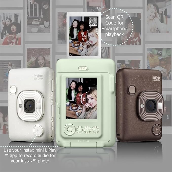 Fujifilm INSTAX Mini LiPlay Hybrid Instant Camera Bundle with 20 Sheets INSTAX Mini Film, 32GB microSD Card, USB Charging Cable, Hand Strap, Cleaning Cloth (Misty White)