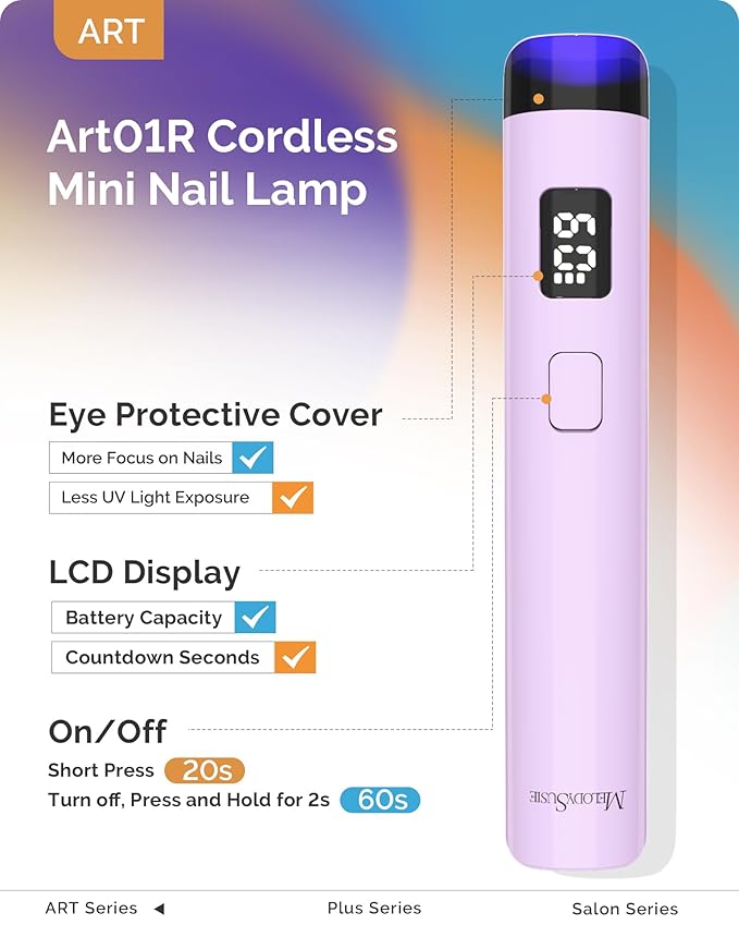 MelodySusie Handheld Cordless UV Nail Lamp with LCD Display & Eye-Protection Cover, P-Art01R Rechargeable Mini UV LED Light Flash Cures All Soft Gels, Especially Rhinestone Glue & Liner Gel Purple